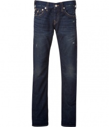 A stylishly distressed dark wash and contemporary slim cut makes these True Religion jeans a casual must-have - Five-pocket style, button closure, belt loops, large decorative double stitch details, buttoned back flap pockets - Slim, straight leg - Style with a worn-in tee and lace-up biker boots