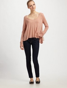 Lovely draped scoopneck has an inviting cropped front and semi-sheer lace back. Scoopneck Cropped front Long sleeves Lace back Nylon trim Micro-modal Dry clean Made in USA Lovely draped scoopneck has an inviting cropped front and semi-sheer lace back. Scoopneck Cropped front Long sleeves Lace back Nylon trim Micro-modal Dry clean Made in USA