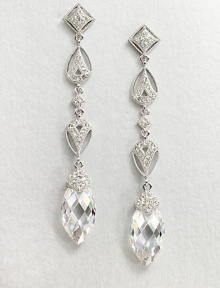 This refined piece features a long drop consisting of various shapes accented in pavé crystals, culminating in a faceted cubic zirconia stone. CrystalsCubic zirconiaRhodium-plated brassLength, about 2.5Post backImported This refined piece features a long drop consisting of various shapes accented in pavé crystals, culminating in a faceted cubic zirconia stone. CrystalsCubic zirconiaRhodium-plated brassLength, about 2.5Post backImported