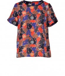 Work a playful print into your workweek repertoire with Marc by Marc Jacobs eye-catching silk tee - Round neckline with black trim, short sleeves, stitched cuffs, button-down back - Loose fit - Wear with jeans and flats, or tucked into a pencil skirt with heels