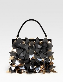 Truly make a statement in this tri-color vinyl and latex flower encrusted suede design.Top handle, 4½ dropTop clasp closureTwo inside open pocketsFully lined9½W X 7½H X 2DMade in Italy Truly make a statement in this tri-color vinyl and latex flower encrusted suede design.Top handle, 4½ dropTop clasp closureTwo inside open pocketsFully lined9½W X 7½H X 2DMade in Italy