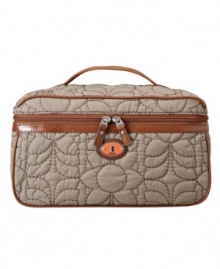 Keep your primping necessities organized and fashionable in this quilted nylon train case by Fossil. Contrast stitching, a vibrant front plaque and easy zip around closure will make this case your ideal traveling companion. Keep your primping necessities organized and fashionable in this quilted nylon train case by Fossil. Contrast stitching, a vibrant front plaque and easy zip around closure will make this case your ideal traveling companion.