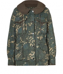 Take on the city streets in style in Marc by Marc Jacobs edgy camouflage parka - Olive round collar with drawstring, zip-away hood, long sleeves, buttoned cuffs, flap pockets, snapped front with zipper underneath, snapped tabs at sides, removable faux shearling lining - Loosely fitted - Wear over favorite skinnies with edgy leather accessories