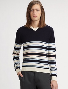 Contemporary collegiate style, for the man on campus and beyond, in a luxurious, multistriped cotton and cashmere blend.V-neckRibbed-knit collar, cuffs and hem85% cotton/10% cashmere/5% woolDry cleanImported