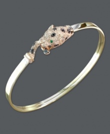 Fierce glamour. Signature by Effy Collection's wild style features a panther head bangle decorated with round-cut white diamonds (5/8 ct. t.w.), black diamond accents and glowing emerald accent eyes. Set in 14k yellow gold and rose-gold. Approximate diameter: 2-3/8 inches. Fierce glamour. Signature by Effy Collection's wild style features a panther head bangle decorated with round-cut white diamonds (5/8 ct. t.w.), black diamond accents and glowing emerald accent eyes. Set in 14k yellow gold and rose-gold. Approximate diameter: 2-3/8 inches.