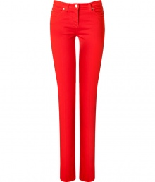 Perfect for pairing with brightly printed tops, Roberto Cavallis orange cotton trousers are as flattering as they are stylish - Classic five-pocket style, zip fly, button closure, embroidered back pocket - Slim, straight leg - Wear with a printed top and sleek black heels