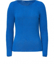 Cozy yet stylish, this chunky knit sweater from Marc by Marc Jacobs boasts a bold blue hue and a fitted silhouette - Round neck, long puckered sleeves, slim fit - Wear with high waist skinnies, cropped trousers, or a pencil skirt