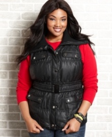 Add instant edge to your fall style with Dollhouse's plus size faux leather vest, accentuated by a belted waist.