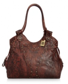 Stay a step ahead of the crowd with this hipster-chic style from Frye, featuring rich distressed leather and studded detailing. Ultra-spacious and pocket-lined, it's destined to be your new fab favorite. Stay a step ahead of the crowd with this hipster-chic style from Frye, featuring rich distressed leather and studded detailing. Ultra-spacious and pocket-lined, it's destined to be your new fab favorite.