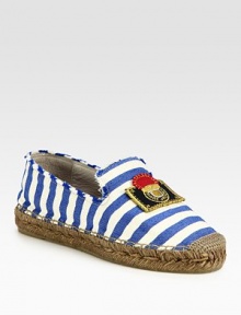 A nautical-inspired favorite in striped canvas with a colorful embroidered patch and textured rope edging. Covered platform, 1 (25mm)Canvas upperEspadrille and leather liningRubber solePadded insoleMade in Spain