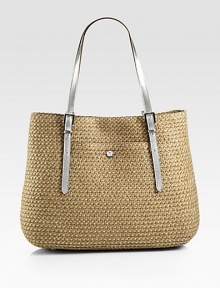 A packable style in a lovely woven design with snake embossed leather trim.Double leather top handles, 10 dropTop zip and magnetic snap closureOne outside open pocketOne inside zip pocketTwo inside open pocketsPlastic/polyesterCotton lining15W X 11½H X 6DImported A packable style in a lovely woven design with snake embossed leather trim.Double leather top handles, 10 dropTop zip and magnetic snap closureOne outside open pocketOne inside zip pocketTwo inside open pocketsPlastic/polyesterCotton lining15W X 11½H X 6DImported