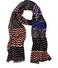 Add luxe style to your everyday essentials with this bold patterned scarf from Missoni - Easy to style length, all-over stripe pattern - Pair with straight leg jeans, a cashmere pullover, and a modernized parka Add luxe style to your everyday essentials with this bold patterned scarf from Missoni - Easy to style length, all-over stripe pattern - Pair with straight leg jeans, a cashmere pullover, and a modernized parka