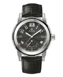 A unique take on essential functions defines this Exeter collection watch by Bulova Accutron. Black croc-embossed leather strap and round stainless steel case with sapphire crystal. Black dial features silver tone numerals at markers, minute track, date window at twelve o'clock, day window at six o'clock, luminous hands and logo. Swiss quartz movement. Water resistant to 50 meters. Five-year limited warranty. A unique take on essential functions defines this Exeter collection watch by Bulova Accutron. Black croc-embossed leather strap and round stainless steel case with sapphire crystal. Black dial features silver tone numerals at markers, minute track, date window at twelve o'clock, day window at six o'clock, luminous hands and logo. Swiss quartz movement. Water resistant to 50 meters. Five-year limited warranty.
