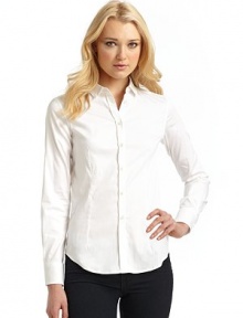 THE LOOKA shapely classic in a silky stretch cotton blendScaled-down spread collarLong sleeves with button cuffsButton front placketFront and back darts for gentle shapingBack yokeTHE FITAbout 23 from shoulder to hemTHE MATERIAL78% cotton/18% nylon/4% elastaneCARE & ORIGINHand washImportedModel shown is 5'9½ (176cm) wearing US size Small.