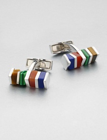 Sterling silver set with rotating semi-precious stones enhances these rectangular cufflinks.Silver/semi-precious stonesAbout ¼ x ¼Made in the United Kingdom Sterling silver set with rotating semi-precious stones enhances these rectangular cufflinks.Silver/semi-precious stonesAbout ¼ x ¼Made in the United Kingdom