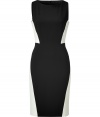 Elegant sheath dress in fine, synthetic fiber blend - Strategic black and cream colorblocking creates a slim, sexy silhouette - Sleeveless bodice with round neck and flattering darts at bust - Pencil skirt hits at knee - Rear vent, zips at back - Sleek and sophisticated, perfect for cocktails, parties and evenings out - Pair with peep toe pumps or strappy sandals and a statement clutch