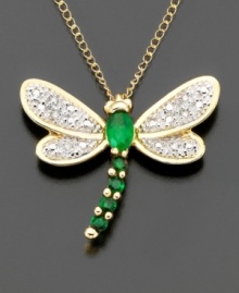 Green, glorious green! This dragonfly pendant features round-cut emeralds (1/3 ct. t.w.) with diamond accents. 14k gold chain measures 18 inches; drop measures approximately 1/2 inch. Green, glorious green! This dragonfly pendant features round-cut emeralds (1/3 ct. t.w.) with diamond accents. 14k gold chain measures 18 inches; drop measures approximately 1/2 inch.
