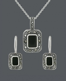 The building blocks of style in one sweet, matching set. Genevieve & Grace jewelry features rectangular onyx gemstones (8 mm x 5 mm and 6 mm x 4 mm) that stand out against a glittering marcasite frame. Crafted in sterling silver. Approximate necklace length: 18 inches. Approximate pendant drop: 15/16 inch. Approximate earring drop: 15/16 inch. The building blocks of style in one sweet, matching set. Genevieve & Grace jewelry features rectangular onyx gemstones (8 mm x 5 mm and 6 mm x 4 mm) that stand out against a glittering marcasite frame. Crafted in sterling silver. Approximate necklace length: 18 inches. Approximate pendant drop: 15/16 inch. Approximate earring drop: 15/16 inch.