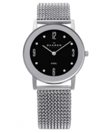 Dark drama. Elegantly timeless watch by Skagen Denmark crafted of stainless steel mesh expansion bracelet and round case. Black dial features applied silver tone numerals at twelve, three, six and nine o'clock, dot markers, eight crystal elements by Swarovski, two silver tone hands and logo. Quartz movement. Water resistant to 30 meters. Limited lifetime warranty.