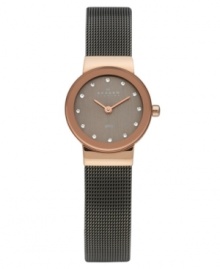 Rosy hues blend with smoky tones on this ladylike timepiece from Skagen Denmark. Rosy hues blend with smoky tones on this ladylike timepiece from Skagen Denmark.