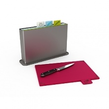 Designed to reduce cross-contamination, this Joseph Joseph chopping board set is an award winning chopping board system that features four color-coded boards with tabs for different kinds of food. Designed to reduce cross-contamination, this Joseph Joseph chopping board set is an award winning chopping board system that features four color-coded boards with tabs for different kinds of food.