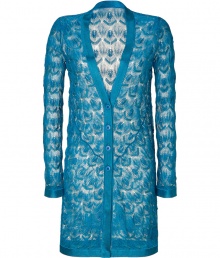 Super chic Turquoise maxi cardigan from Missoni -Channel bohemian luxe in this stylish maxi - V-neck, button front placket, slim fit, all-over fan pattern - Style with a billowy blouse, high waist flared jeans, and platforms Super chic Turquoise maxi cardigan from Missoni -Channel bohemian luxe in this stylish maxi - V-neck, button front placket, slim fit, all-over fan pattern - Style with a billowy blouse, high waist flared jeans, and platforms