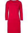 Liven up your business look with Majestics bright carmine red jersey dress, the perfect partner for tailored blazers and chic printed scarves - Rounded neckline, 3/4 sleeves, hidden zip at nape - Form-fitting - Team with flats and oversized carryall totes for work