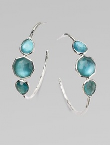 From the Wonderland Collection. Slender silver hoops set with three colorful doublets, in the gentle shade of well-worn denim, joining a layer of color-backed mother-of-pearl under faceted clear quartz for a rich effect of softness and depth.Mother-of-pearl and clear quartzSterling silverDiameter, about 1½Post backImported