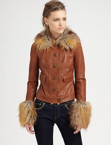 Rich, lustrous lambskin leather in a short, '70s-inspired silhouette with plush faux-fur trim and front flap pockets. Faux-fur collarButton frontLong sleeves with faux-fur cuffsFront flap pocketsAbout 19 from shoulder to hemLambskin leather with faux fur trimDry clean with leather specialistImportedModel shown is 5'10 (177cm) wearing US size 4. Rich, lustrous lambskin leather in a short, '70s-inspired silhouette with plush faux-fur trim and front flap pockets. Faux-fur collarButton frontLong sleeves with faux-fur cuffsFront flap pocketsAbout 19 from shoulder to hemLambskin leather with faux fur trimDry clean with leather specialistImportedModel shown is 5'10 (177cm) wearing US size 4.
