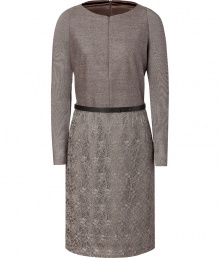 Work this seasons love for lace into your elegant business attire with Akris stretch wool-cashmere sheath, finished to perfection with a delicate lace skirt and sleek belted waistline - Rounded neckline with front zip, long sleeves, hidden back zip, black leather belt with push-stud closures - Tailored fit - Pair with flawless pumps and a streamlined tote