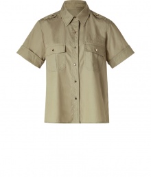 Stylish shirt in fine green cotton - trendy safari look, with shoulder epaulets, breast pockets and short, cuffed sleeves - glamorous detail: gold-colored buttons - cut is slim and feminine - cool, casual, trendy - combine the shirt with slim pieces, like jeans, a maxi-skirt or chinos