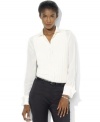 Lauren Ralph Lauren's chic play on a classic menswear staple, this sophisticated tuxedo shirt is tailored for a feminine fit in smooth silk with a pleated front and lustrous pearlized buttons.