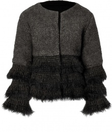 Sophisticated and stunning, this knit statement jacket from Ermanno Scervino is the ultimate outfit topper - Round neck, long sleeves and hem with fringe knit tiers, straight boxy silhouette, two-tone knit - Style with leather leggings and simple top or with a figure-hugging sheath Sophisticated and stunning, this knit statement jacket from Ermanno Scervino is the ultimate outfit topper - Round neck, long sleeves and hem with fringe knit tiers, straight boxy silhouette, two-tone knit - Style with leather leggings and simple top or with a figure-hugging sheath