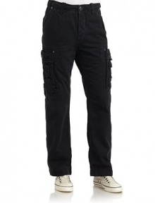 THE LOOKTopstitching detailsGrommet accentsBanded waist with belt loopsFront zip with button tab closureSide seam pocketsSide snap flap cargo pocketsBack logo patchBack snap flap pocketsTHE FITRise, about 11Inseam, about 31THE MATERIALCottonCARE & ORIGINMachine washImported THE LOOKTopstitching detailsGrommet accentsBanded waist with belt loopsFront zip with button tab closureSide seam pocketsSide snap flap cargo pocketsBack logo patchBack snap flap pocketsTHE FITRise, about 11Inseam, about 31THE MATERIALCottonCARE & ORIGINMachine washImported