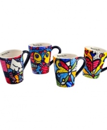 A work of art, these vividly hued, wildly patterned mugs showcase the one-of-a-kind style of world-renowned pop artist Romero Britto. Featuring four unique designs. A work of art, these vividly hued, wildly patterned mugs showcase the one-of-a-kind style of world-renowned pop artist Romero Britto. Featuring four unique designs.