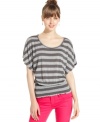 Stripe it up in this top from Eyeshadow! A smocked hem and blouson bodice adds cute style to a casual piece!