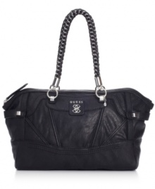 Great style starts with a classic silhouette, and this GUESS satchel is the perfect choice. Supple faux leather and signature detailing adorn the design, while the roomy interior is aligned with plenty of pockets to meet your daily demands. Great style starts with a classic silhouette, and this GUESS satchel is the perfect choice. Supple faux leather and signature detailing adorn the design, while the roomy interior is aligned with plenty of pockets to meet your daily demands.