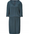 Take on the work week in feminine style with Veronique Leroys petrol belted dress, draped to perfection for a flawless effortless finish - Softly scooped neckline, 3/4 sleeves, side slit pockets, belted waistline, belt loops, loosely draped top, fitted skirt - Pair with favorite flats and a contrast colored handbag