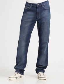 A favorite fit destined to never go out of style, crafted with straight legs and a hint of stretch ease in medium-washed denim. Five-pocket style Zip fly Inseam, about 34 98% cotton/2% elastane; machine wash Imported A favorite fit destined to never go out of style, crafted with straight legs and a hint of stretch ease in medium-washed denim. Five-pocket style Zip fly Inseam, about 34 98% cotton/2% elastane; machine wash Imported