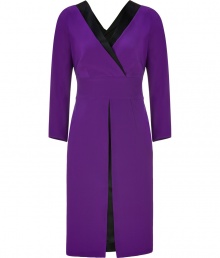 Alluring with black satin trim and eye-catching in violet, Alberta Ferrettis sharply tailored sheath is a sophisticated choice for your evening events - V-neckline in front and back with black satin trim, 3/4 sleeves, slit front with royal blue coloring on the reverse side of skirt, concealed side zip closure - Tailored fit - Wear with statement heels and a clutch Alluring with black satin trim and eye-catching in violet, Alberta Ferrettis sharply tailored sheath is a sophisticated choice for your evening events - V-neckline in front and back with black satin trim, 3/4 sleeves, slit front with royal blue coloring on the reverse side of skirt, concealed side zip closure - Tailored fit - Wear with statement heels and a clutch
