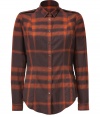 The classic check gets a cool modern update in Burberry Brits autumnal hued stretch cotton shirt - Small classic collar, long sleeves, buttoned cuffs, button-down front, epaulettes, shirttail hemline, tailored fit - Tuck into sleek tailored trousers for an everyday elegant finish