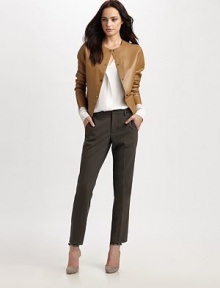 Butter-smooth lambskin styled with clean lines in a distinctive snap-front silhouette.JewelneckLong sleevesSnap-button frontAbout 22 from shoulder to hemLambskinDry clean by a leather specialistMade in ItalyModel shown is 5'9½ (176cm) wearing US size Small. Butter-smooth lambskin styled with clean lines in a distinctive snap-front silhouette.JewelneckLong sleevesSnap-button frontAbout 22 from shoulder to hemLambskinDry clean by a leather specialistMade in ItalyModel shown is 5'9½ (176cm) wearing US size Small.