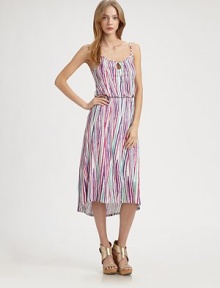 Vibrant chevron stripes converge on this feminine shift styled with a chic high-low hem.Adjustable spaghetti strapsScoopneckButton-front keyholeBlouson bodiceElastic waistAbout 28 from natural waist85% rayon/15% flaxDry cleanMade in USAModel shown is 5'9 (175cm) wearing US size Small.