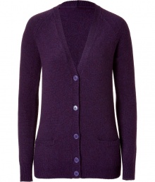 Luxurious cardigan in a fine heathered purple cashmere - Particularly soft, elegant quality - New, long, slim boyfriend style comes down over your hip - Feminine fitted cut - With a deep V-neck d?collet? and two pockets - Stylish, but casual at the same time - Style: casual with jeans, cool with leggings, elegant with a pencil skirt