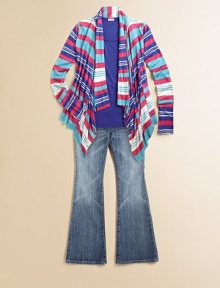 Bright stripes and a dramatic cascade front define a get-you-noticed cardigan in a light, silky knit.Foldover collar eases into open frontLong sleeves with rolled hemDraped frontHandkerchief cascade hemSmooth, cropped backMicromodalHand washMade in USA Bright stripes and a dramatic cascade front define a get-you-noticed cardigan in a light, silky knit.Foldover collar eases into open frontLong sleeves with rolled hemDraped frontHandkerchief cascade hemSmooth, cropped backMicromodalHand washMade in USA
