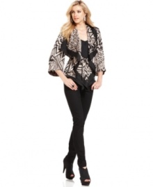 A statement topper, this GUESS printed kimono jacket makes an outfit -- perfect for a desk-to-dinner look!