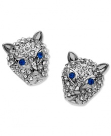 Grab animalistic fashion with these leopard stud earrings from GUESS. Embellished with pave stones and blue crystal eyes. Crafted in imitation rhodium tone mixed metal. Approximate drop: 1 inch.