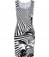 Luxe sheath dress in ultra-fine, cotton stretch blend - Vibrant, eye-catching black and white optical print - The detail we love: a back zip extending from the nape of the neck to the hem - Flattering, wide scoop neck and medium-width straps - Body con style is feminine and undeniably sexy - Mini skirt hits above the knee - Perfect for parties and evenings out - Pair with a cropped leathe rjacket and ankle booties