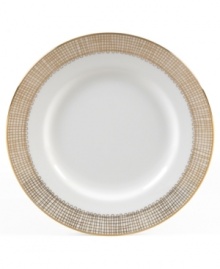 Like fine mesh ribbons, a crisscross of gold bands with platinum accents create this delightfully rustic dinnerware pattern. A beautiful way to bring homespun charm to formal events or exquisite style to every meal. Like fine mesh ribbons, a crisscross of gold bands with platinum accents create this delightfully rustic dinnerware pattern. A beautiful way to bring homespun charm to formal events or exquisite style to every meal.