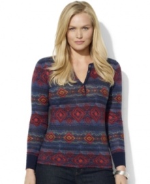 Lauren Ralph Lauren's soft cotton jersey plus size Henley is rendered with a bold allover pattern.